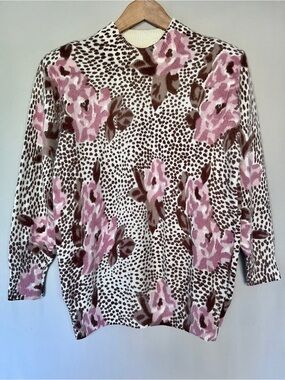 Animal Print & Pink Rose Sweater Fuzzy Soft Knit Fits Size S-M
